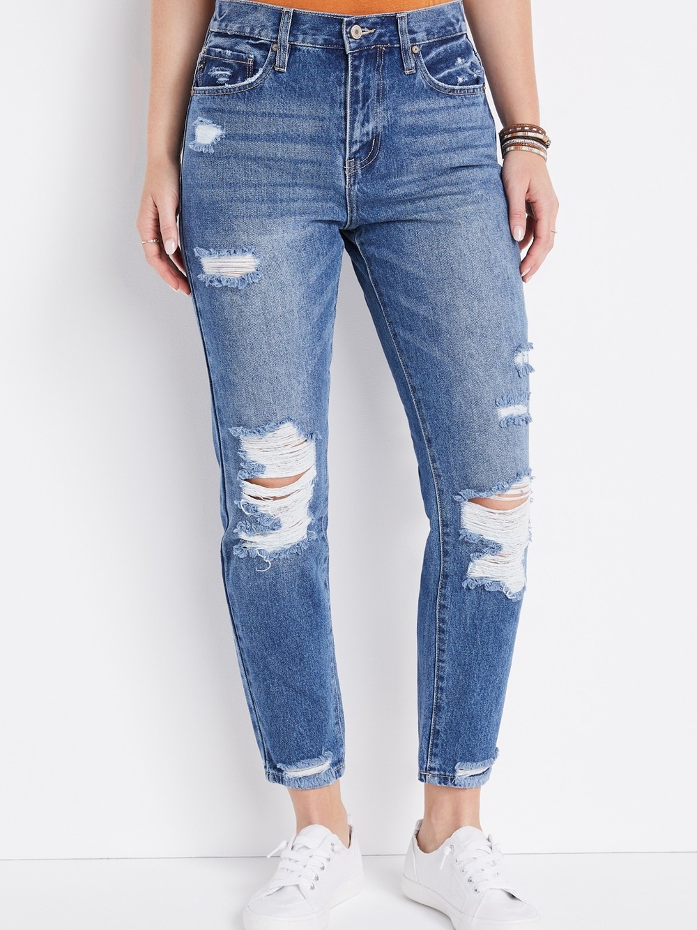 KanCan Kerrigan High Rise Ripped Mom Jeans Medium Blue Wash